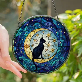 Celestial Cat Lovers' Vibrant Stained Glass Black Cat Crescent Moon Starry Night Mosaic Art Stained Glass Suncatcher