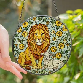 Art Lovers' Majestic Golden Lion Lamb Tiffany Stained Glass Jewel Tone Floral Mosaic Design Stained Glass Suncatcher