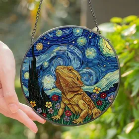 Reptile Lovers' Tiffany Stained Glass Bearded Dragon Starry Night Wildflower Mosaic Jewel Tones Stained Glass Suncatcher