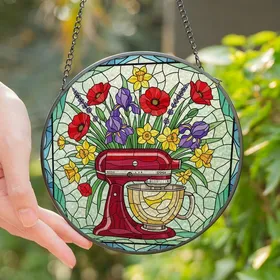 Baking & Garden Art Lovers' Tiffany Stained Glass Mixer Floral Ruby Red Yellow Amethyst Blue Stained Glass Suncatcher