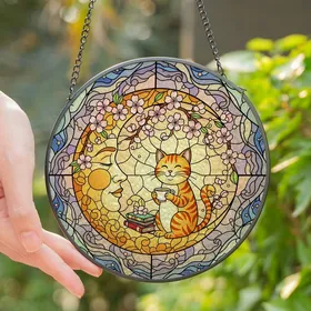 Whimsical Dreamers' Jewel Tone Stained Glass Moon Cat & Books Cherry Blossom Stained Glass Suncatcher