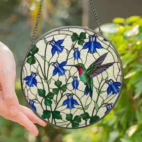 Nature Enthusiast's Vibrant Ruby-Throated Hummingbird Tiffany Stained Glass Blue Columbine Floral Art Mosaic Stained Glass Suncatcher