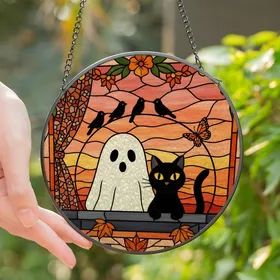Spooky Cute Art Lovers Tiffany Stained Glass Ghost Black Cat Mosaic Sunset Orange Pink Design Stained Glass Suncatcher