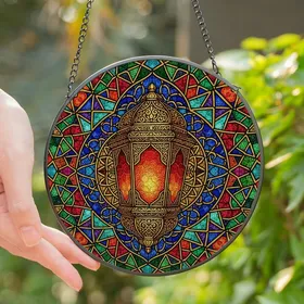 Art Lovers' Glowing Tiffany Style Moroccan Lantern Arabesque Jewel Tone Mosaic Stained Glass Suncatcher