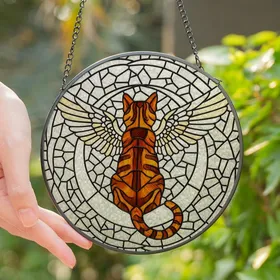 Cat Lovers' Intricate Stained Glass Tabby Cat Winged Crescent Moon Glowing Orange Black Mosaic Stained Glass Suncatcher
