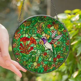 Nature Lovers' Vibrant Stained Glass Hummingbird Floral Mosaic Art with Jewel Tones Stained Glass Suncatcher