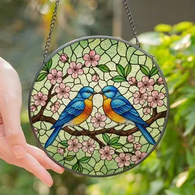 Art Lovers' Tiffany Style Stained Glass Bluebirds Cherry Blossoms Jewel Tone Mosaic Stained Glass Suncatcher