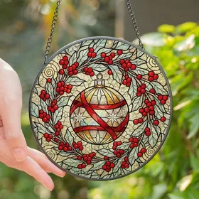 Holiday Art Lovers' Tiffany Stained Glass Iridescent Christmas Ornament Ruby Red Gold Winter Snowflake Mosaic Stained Glass Suncatcher