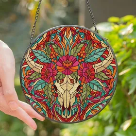 Southwestern Art Lovers' Vibrant Tiffany Style Stained Glass Bull Skull & Desert Flora Mosaic Stained Glass Suncatcher