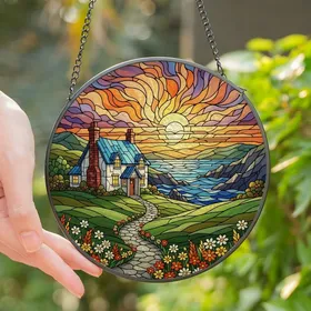 Art Enthusiasts' Vibrant Stained Glass Cottage Ocean Sunset Wildflower Mosaic Stained Glass Suncatcher
