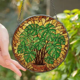 Botanical Art Lovers' Vibrant Emerald Golden Amber Stained Glass Monstera Mosaic Stained Glass Suncatcher