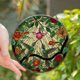 Nature Lovers' Vibrant Tiffany Stained Glass Hummingbird Fuchsia Bloom Mosaic Stained Glass Suncatcher