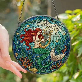 Ocean & Fantasy Art Lovers' Tiffany Stained Glass Mermaid Golden Harp Jewel Tone Mosaic Stained Glass Suncatcher