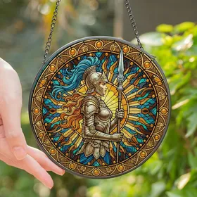 Fantasy Art Fans' Ornate Stained Glass Armored Female Warrior Sunburst Mosaic Gold Blue Orange Stained Glass Suncatcher