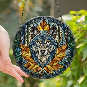 Nature Lovers' Majestic Stained Glass Wolf Head Maple Leaf Mosaic Forest Art Blue Amber Jewel Tones Stained Glass Suncatcher
