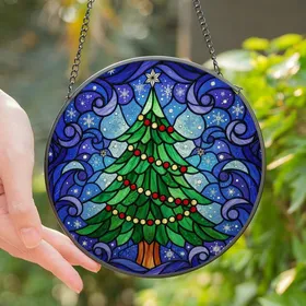 Holiday Enthusiasts' Radiant Tiffany Stained Glass Christmas Tree Red Yellow Lights Blue Purple Snowflake Mosaic Stained Glass Suncatcher