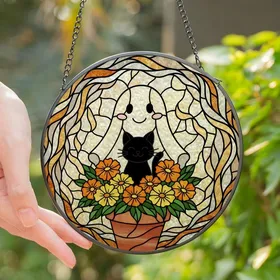 Whimsical Art Lovers' Tiffany Stained Glass White Ghost Black Cat Orange Marigold Mosaic Stained Glass Suncatcher