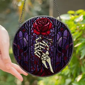 Gothic Art Lovers' High Contrast Intricate Stained Glass Faceted Hand Crimson Rose Ruby Drop Art Stained Glass Suncatcher