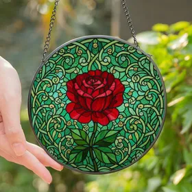 Floral Art Enthusiasts' Intricate Ruby Red Rose Stained Glass Tiffany Style Jewel Tone Botanical Mosaic Pattern Stained Glass Suncatcher