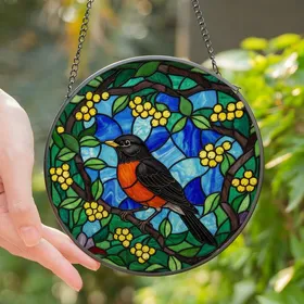 Nature Lovers' Vibrant Tiffany Style Stained Glass American Robin & Leafy Branch Jewel Tone Mosaic Stained Glass Suncatcher
