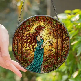 Art Lovers' Tiffany Style Stained Glass Forest Woman, Teal Gown & Ruby Berries, Golden Lantern Glow, Emerald Foliage Stained Glass Suncatcher