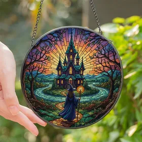 Witchy Aesthetic Fans' Glowing Tiffany Stained Glass Witch Haunted Mansion Sunset Jewel Tones Stained Glass Suncatcher