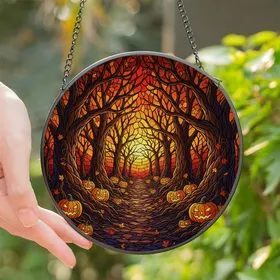 Fantasy Art Lovers' Tiffany Style Stained Glass Spooky Forest Jack-o'-Lantern Sunset Mosaic Stained Glass Suncatcher