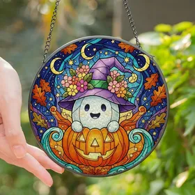 Halloween Enthusiasts' Stained Glass Ghost Pumpkin Indigo Mystic Star Mosaic Art Stained Glass Suncatcher