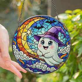 Whimsical Art Enthusiasts' Cheerful Stained Glass Ghost Flying Broom, Glowing Moon, Purple & Orange Stained Glass Suncatcher
