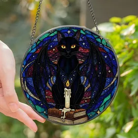 Gothic Fantasy Lovers' Tiffany Stained Glass Black Cat Bat Wings Cosmic Sky Ancient Books Jewel Tones Stained Glass Suncatcher