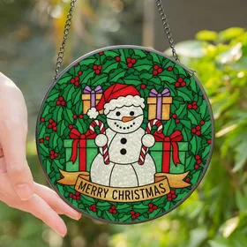 Holiday Enthusiasts' Glowing Stained Glass Snowman Merry Christmas Holly Candy Cane Design Stained Glass Suncatcher