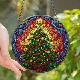 Christmas Enthusiasts' Intricate Stained Glass Evergreen Tree Festive Jewel Tone Art Stained Glass Suncatcher
