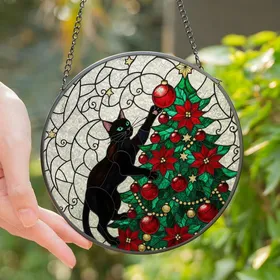 Cat Lovers' Vivid Tiffany Stained Glass Playful Black Cat Christmas Tree Emerald Ruby Amber Poinsettia Mosaic Stained Glass Suncatcher
