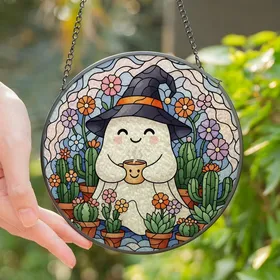 Cozy Whimsy Enthusiasts' Intricate Stained Glass Ghost with Witch Hat, Steaming Mug, Cactus, Flowers & Indigo Jewel Tones Stained Glass Suncatcher