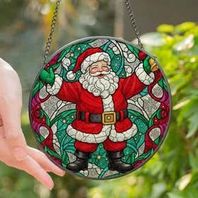 Holiday Enthusiasts' Tiffany Stained Glass Jolly Santa, Bold Black Lines, Red Gold Green Festive Mosaic Stained Glass Suncatcher