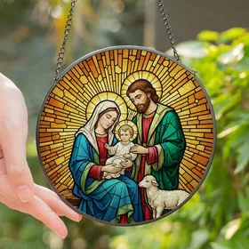 Christian Art Lover's Tiffany Stained Glass Nativity Holy Family Lamb Emerald Gold Royal Blue Mosaic Rays Stained Glass Suncatcher