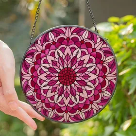 Art Lovers' Intricate Stained Glass Floral Mandala Ruby Pink Starburst Stained Glass Suncatcher