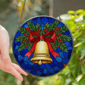 Holiday Celebrators' Intricate Tiffany Style Golden Christmas Bell Red Bow Blue Mosaic Jewel Tone Stained Glass Suncatcher