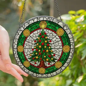 Holiday Art Lovers' Tiffany Style Stained Glass Christmas Tree with Gold Medallions & Frosted Mosaic Stained Glass Suncatcher