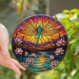 Nature Lovers' Intricate Stained Glass Dragonfly Water Lilies Sunset Jewel Tones Stained Glass Suncatcher