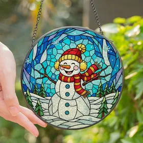 Winter Art Lovers' Cheerful Snowman Stained Glass Art Vibrant Red Orange Yellow Blue Jewel Tones Geometric Winter Sky Stained Glass Suncatcher