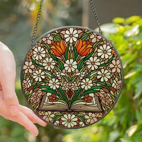 Art Enthusiasts' Tiffany Style Floral Book Emerald Green Rose Pink Amber Mosaic Stained Glass Suncatcher