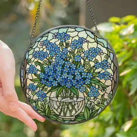 Nature Lovers' Vibrant Blue Yellow Green Forget-Me-Not Tiffany Stained Glass Floral Mosaic Stained Glass Suncatcher