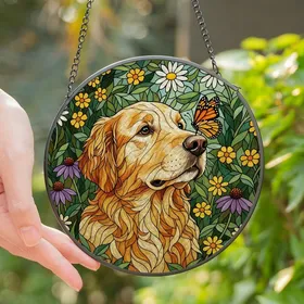 Golden Retriever Lovers' Jewel Tone Tiffany Stained Glass Butterfly Floral Garden Art Stained Glass Suncatcher