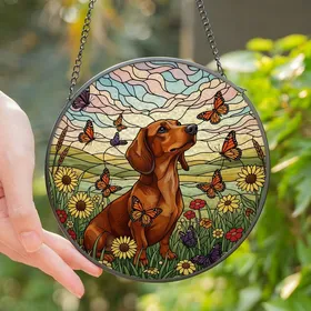 Dachshund Lovers' Vibrant Tiffany Style Stained Glass Amber Lavender Sky Blue Butterfly Wildflower Mosaic Stained Glass Suncatcher