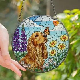 Dog Lovers' Edge-to-Edge Stained Glass Golden Cocker Spaniel Butterfly Floral Mosaic Art Stained Glass Suncatcher