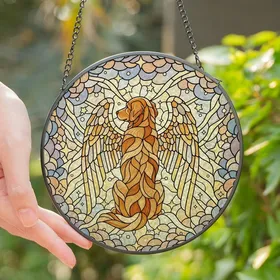 Dog Lovers' Tiffany Stained Glass Angelic Retriever Celestial Amber Jewel Tone Mosaic Stained Glass Suncatcher