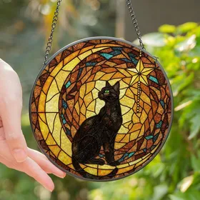 Celestial Cat Lovers' Intricate Tiffany Stained Glass Black Cat Crescent Moon Golden Star Orange Gold Teal Purple Stained Glass Suncatcher