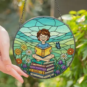 Readers' Stained Glass Child Reading Books Wildflowers Tiffany Jewel Tones Mosaic Stained Glass Suncatcher
