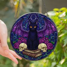 Fantasy Art Lovers' Mystical Black Cat Bat Wings Stained Glass Skulls Purple Roses Jewel Tone Artwork Stained Glass Suncatcher